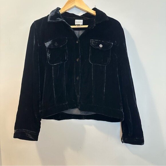 Chicos Velvet Jacket  Blazer Rayon Blend Long Sleeve Lined Black Size 1 ( Med/8) - Picture 2 of 10